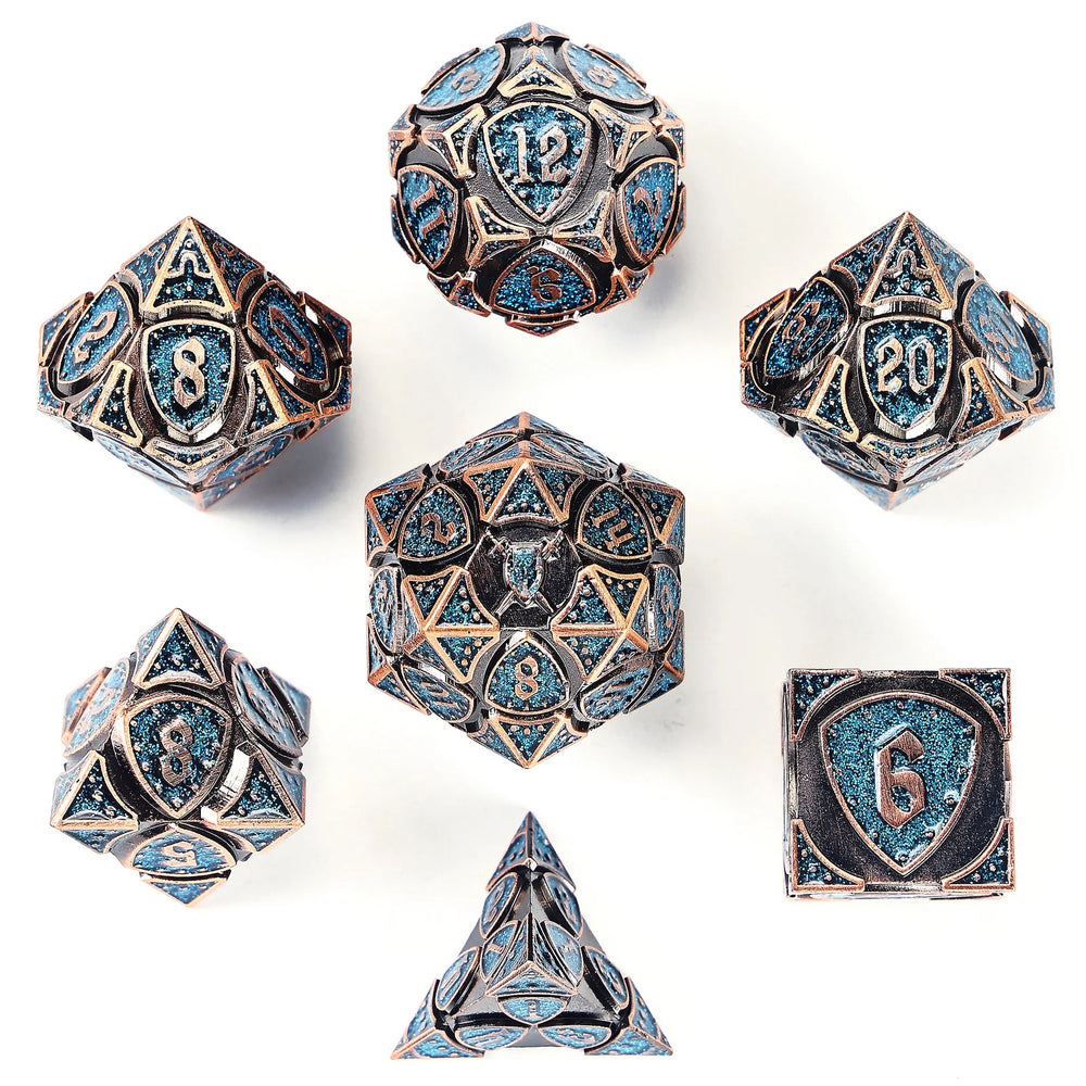 Metal RPG Dice Set - Fighter Copper & Blue Glitter