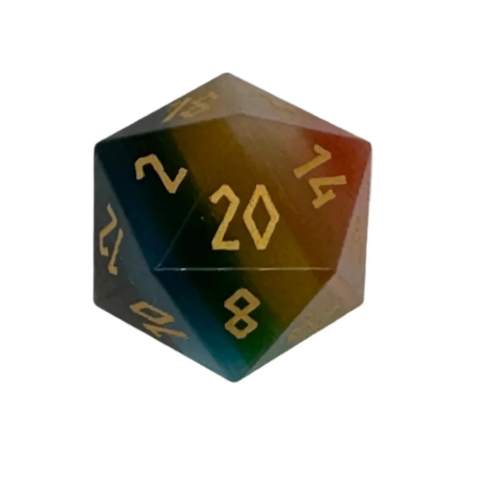 Glass D20 Boulder - Rainbow Cats Eye