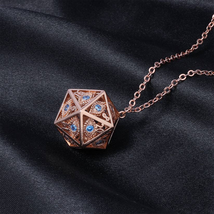 Dragon's Eye D20 Necklace - Rose Gold w/Blue Gems