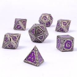 Metal RPG Dice Set - Ancient Silver w/Purple Glitter