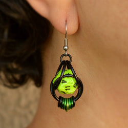 Chainmaille D20 Earrings - Neon Green Black