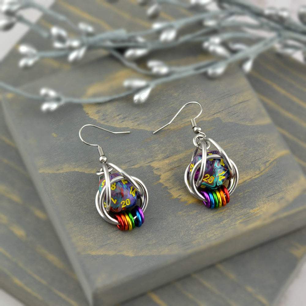 Chainmaille D20 Earrings - Rainbow Pride