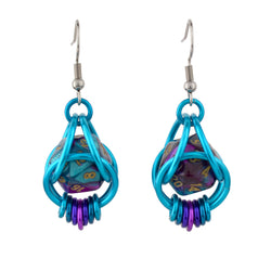Chainmaille D20 Earrings - Purple & Turquoise