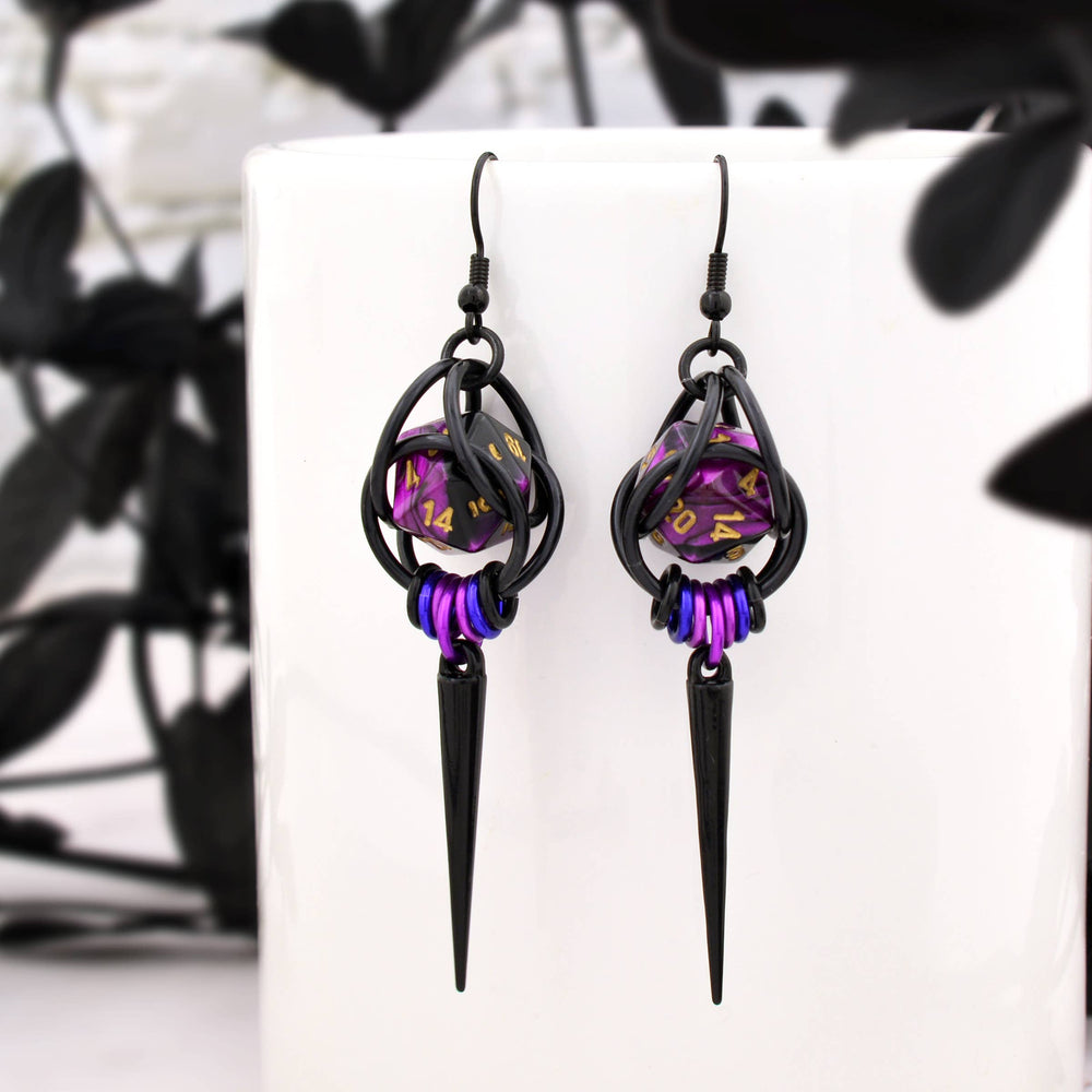 Chainmaille D20 Earrings - Purple Goth Spike