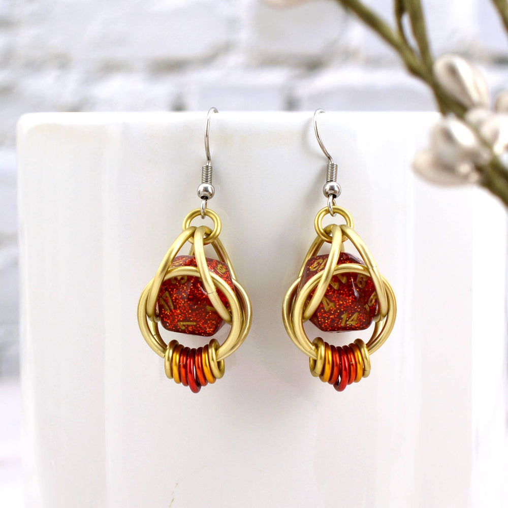 Chainmaille D20 Earrings - Red Glitter Gold