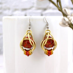 Chainmaille D20 Earrings - Red Glitter Gold