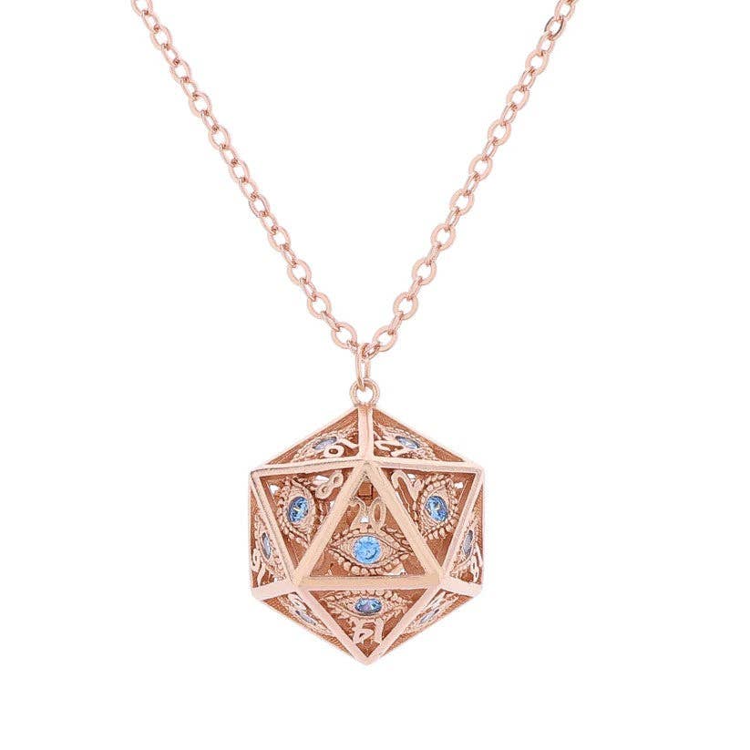 Dragon's Eye D20 Necklace - Rose Gold w/Blue Gems