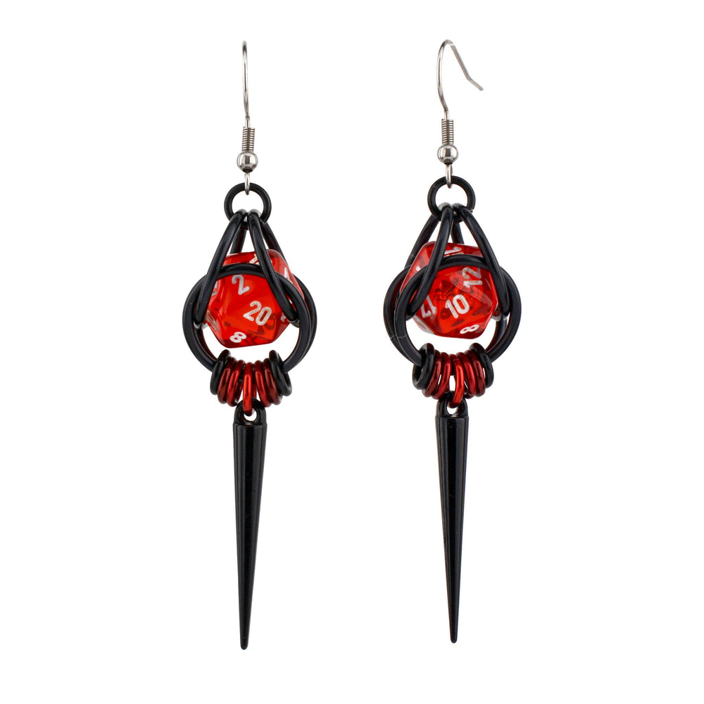 Chainmaille D20 Earrings - Red & Black Spike
