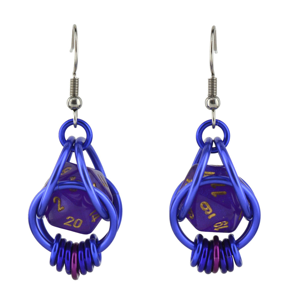 Chainmaille D20 Earrings - Purple Magic
