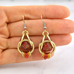 Chainmaille D20 Earrings - Red Glitter Gold
