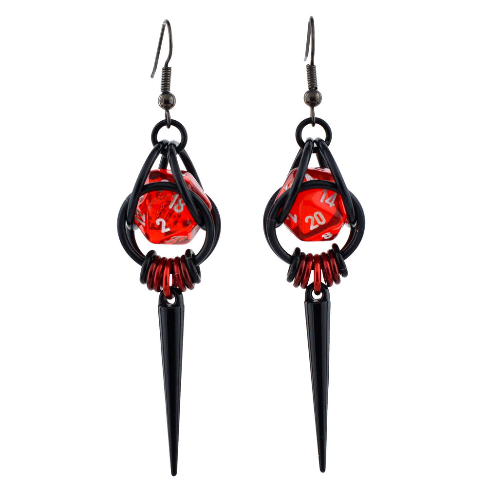 Chainmaille D20 Earrings - Red & Black Spike