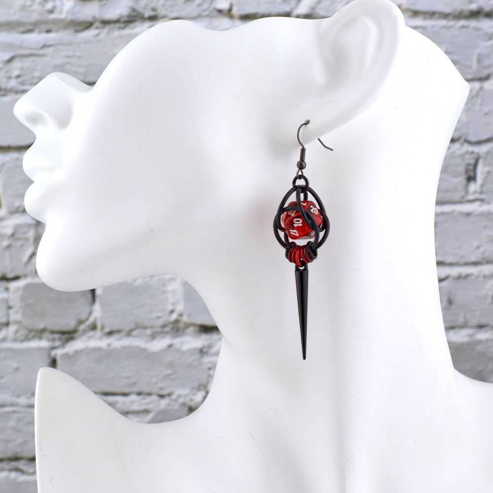Chainmaille D20 Earrings - Red & Black Spike