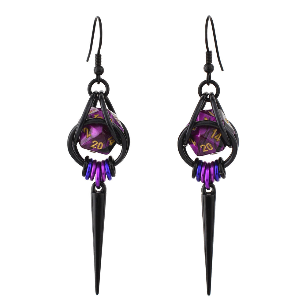 Chainmaille D20 Earrings - Purple Goth Spike