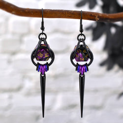 Chainmaille D20 Earrings - Purple Goth Spike