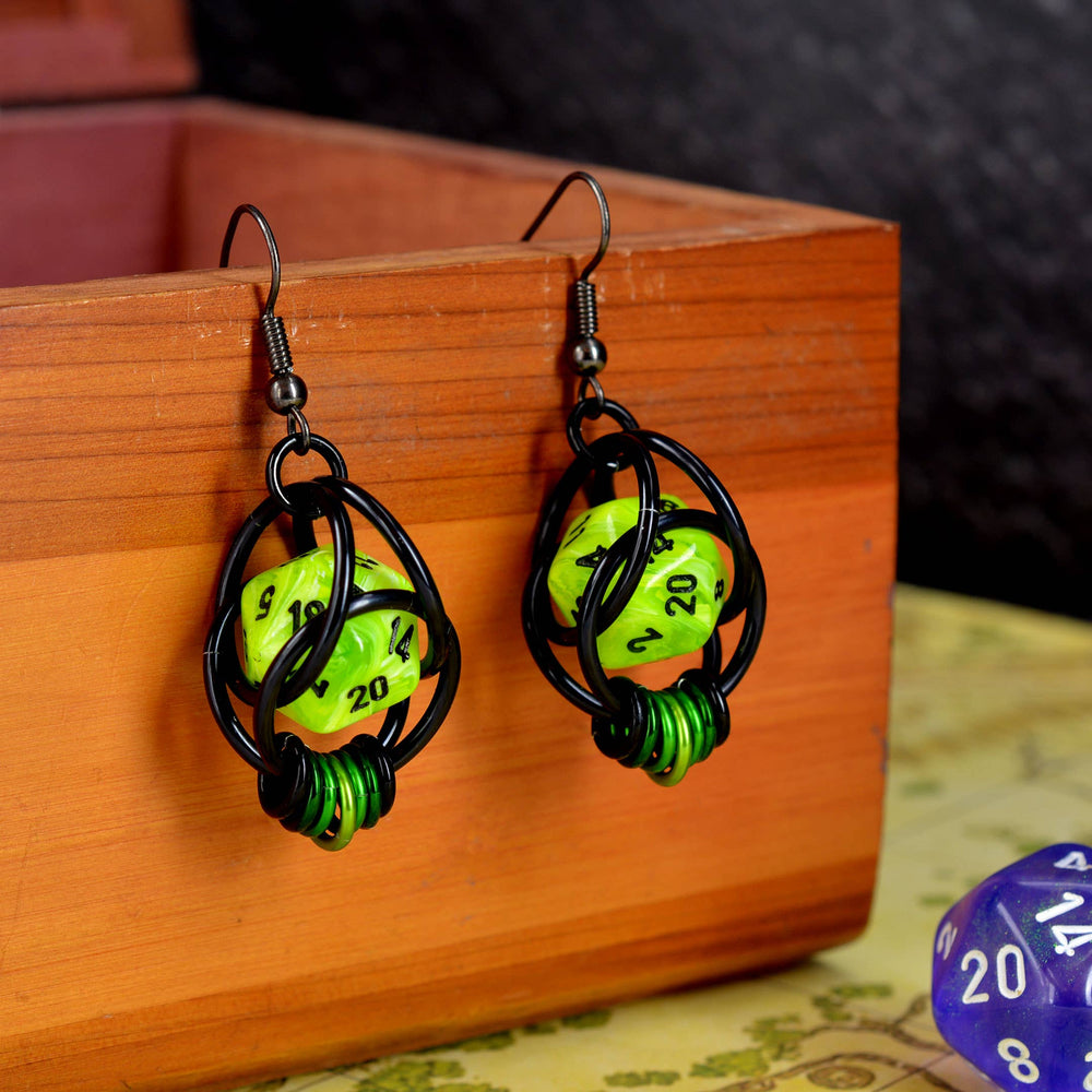 Chainmaille D20 Earrings - Neon Green Black