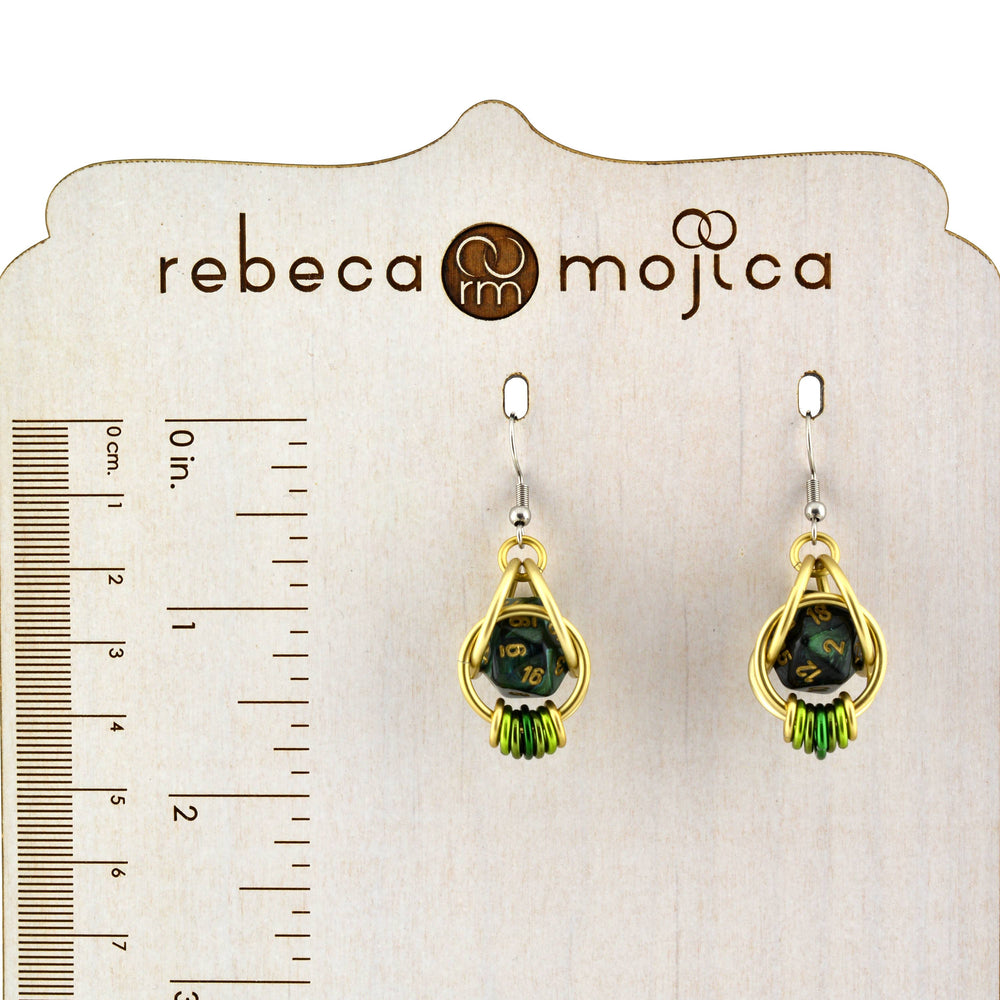 Chainmaille D20 Earrings - Forest Green Gold