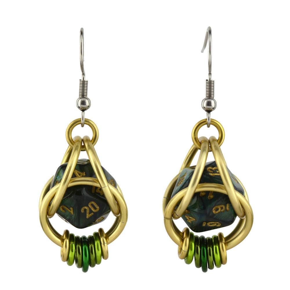 Chainmaille D20 Earrings - Forest Green Gold