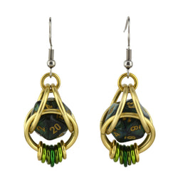 Chainmaille D20 Earrings - Forest Green Gold