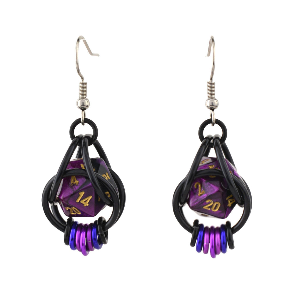 Chainmaille D20 Earrings - Purple Goth