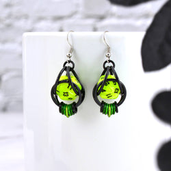 Chainmaille D20 Earrings - Neon Green Black