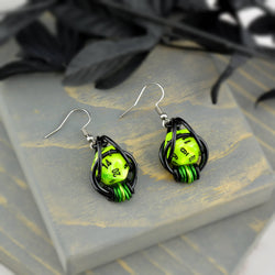 Chainmaille D20 Earrings - Neon Green Black
