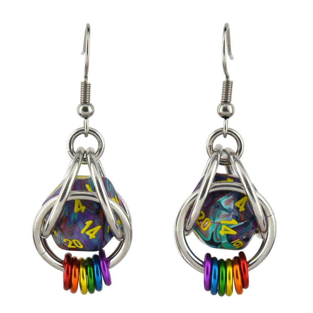 Chainmaille D20 Earrings - Rainbow Pride
