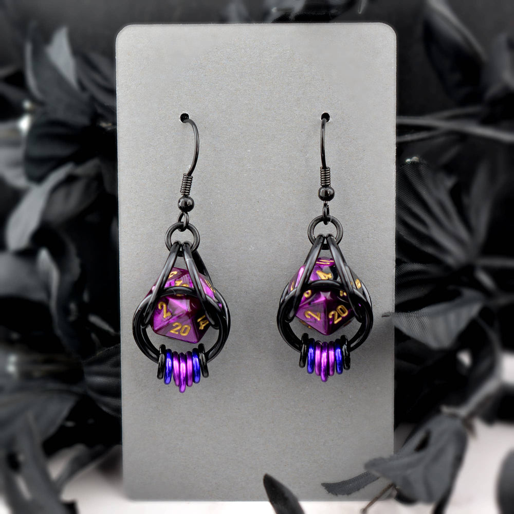 Chainmaille D20 Earrings - Purple Goth