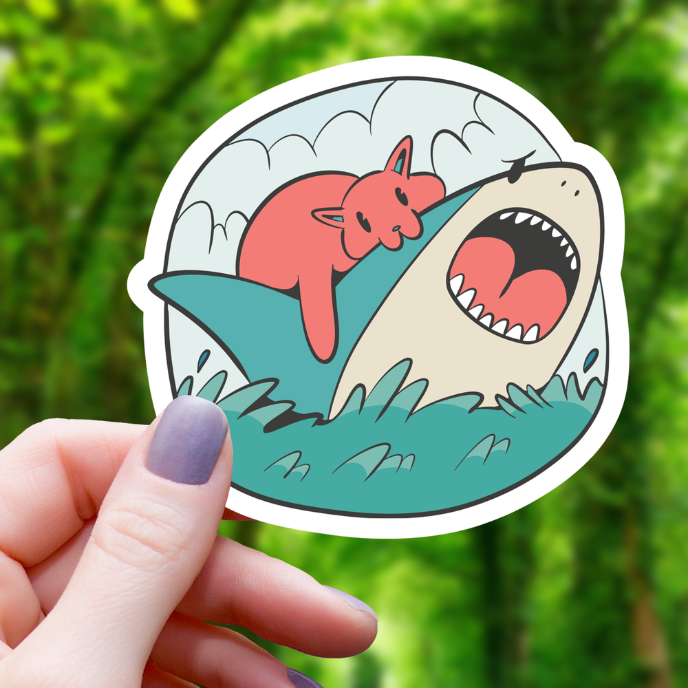 Vinyl Sticker - Cat Biting Shark Funny