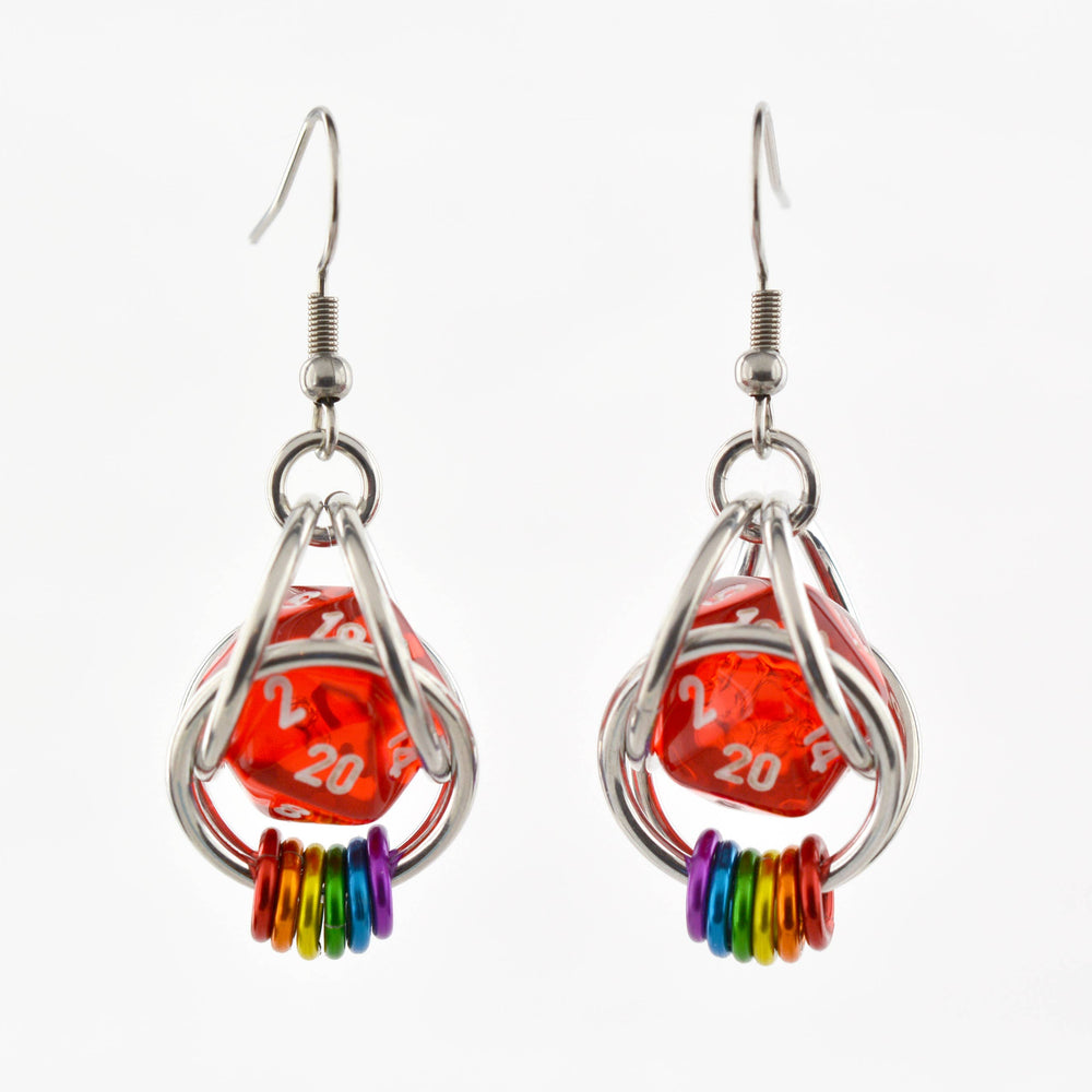 Chainmaille D20 Earrings - Ombre Red