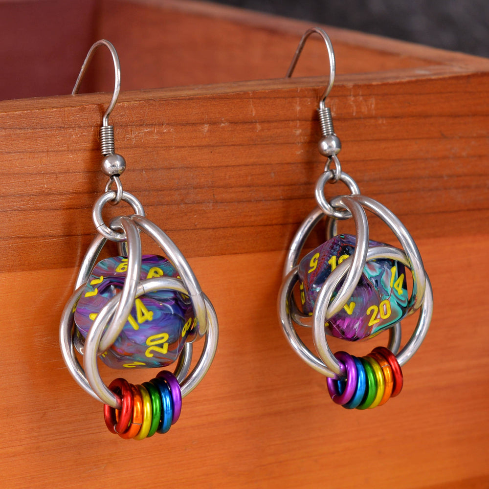 Chainmaille D20 Earrings - Rainbow Pride