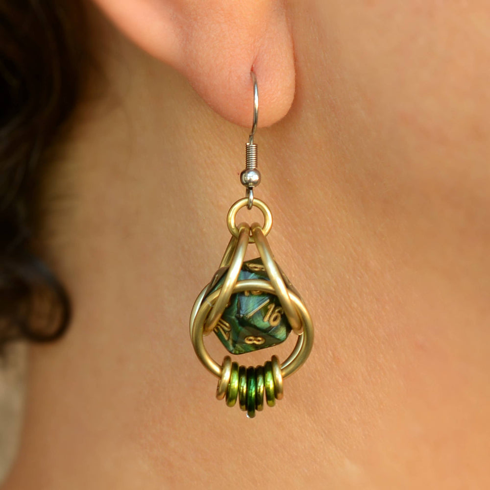 Chainmaille D20 Earrings - Forest Green Gold
