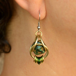 Chainmaille D20 Earrings - Forest Green Gold