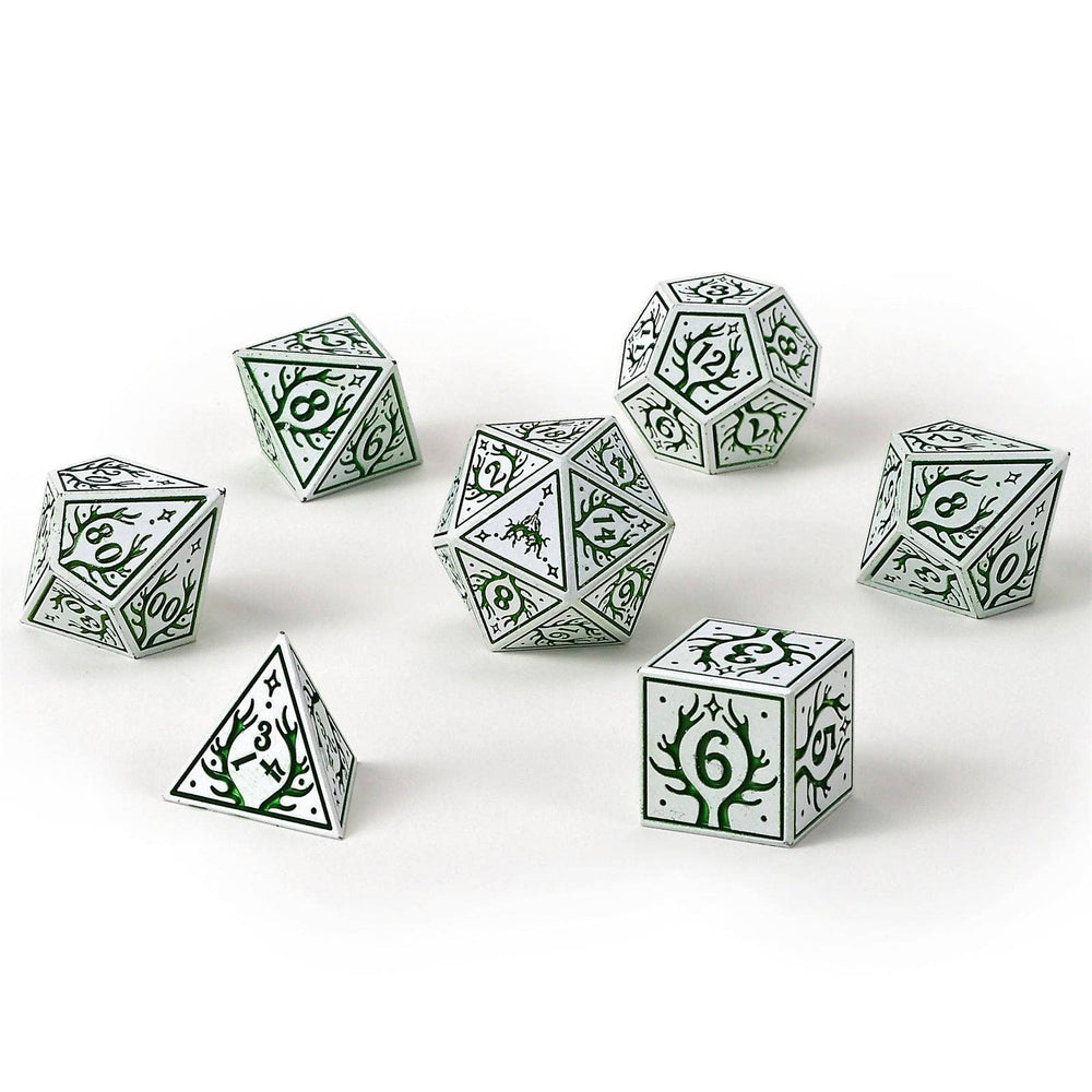 Metal RPG Dice set - Druid Class (White w/Green)