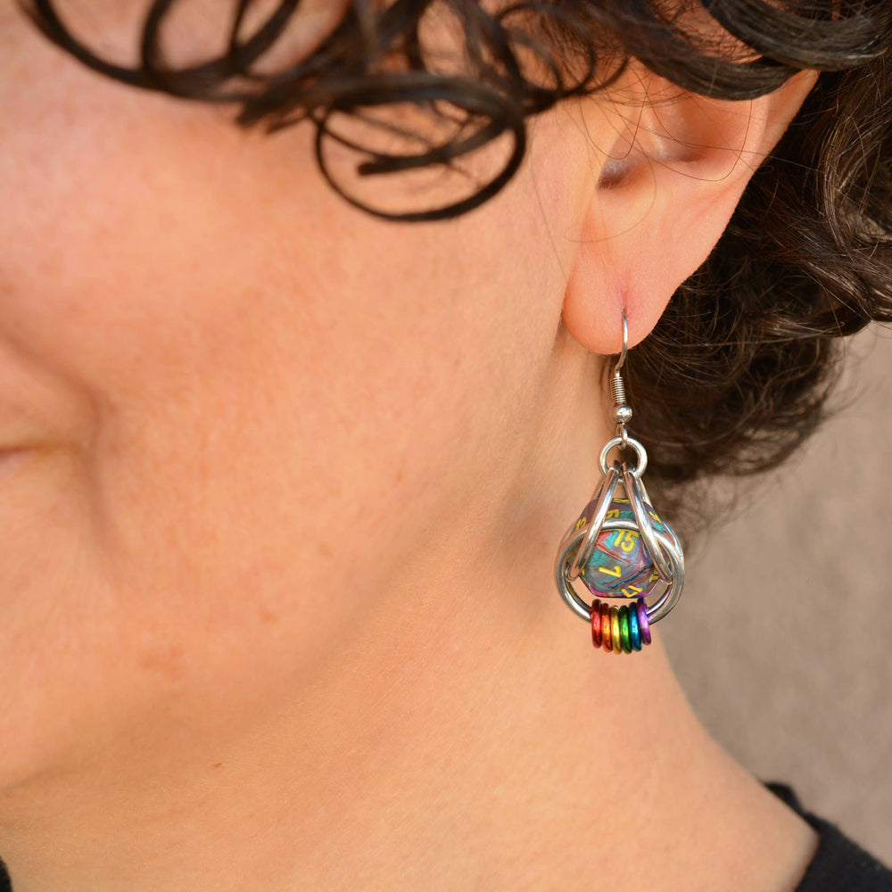 Chainmaille D20 Earrings - Rainbow Pride