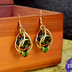 Chainmaille D20 Earrings - Forest Green Gold