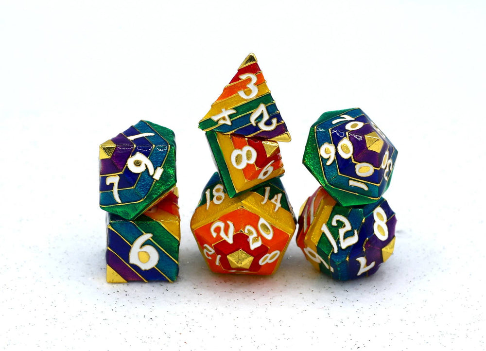Metal RPG Dice Set - Rainbow Pride (Gold & White)