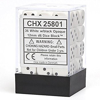 D6 Dice Block: Opaque White with Black - 12mm (36)