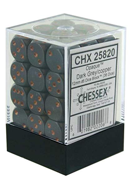 D6 Dice Block: Opaque Dark Grey with Copper - 12mm (36)