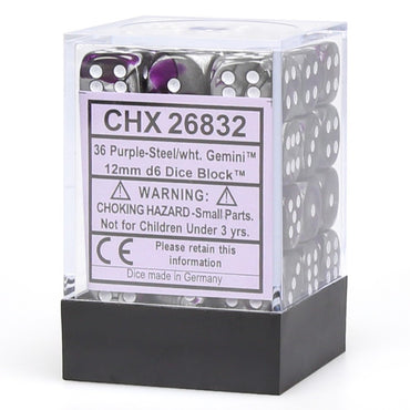 D6 Dice Block: Gemini Purple Steel with White - 12mm (36)