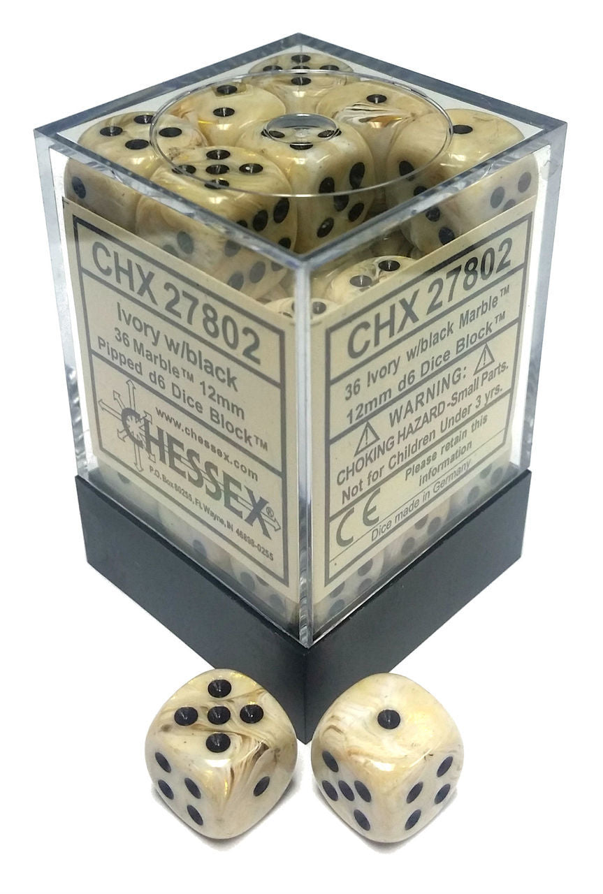 D6 Dice Block: Marble Ivory with Black - 12mm (36)