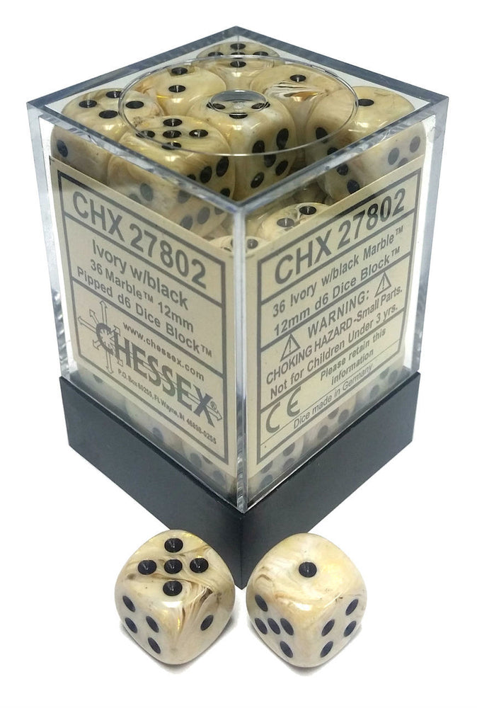 D6 Dice Block: Marble Ivory with Black - 12mm (36)