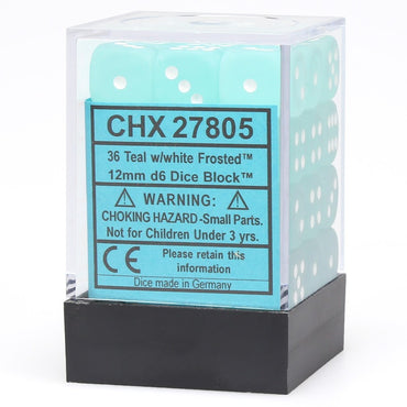 D6 Dice Block: Frosted Teal with White - 12mm (36)
