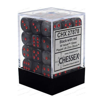 D6 Dice Block: Velvet Black with Red - 12mm (36))