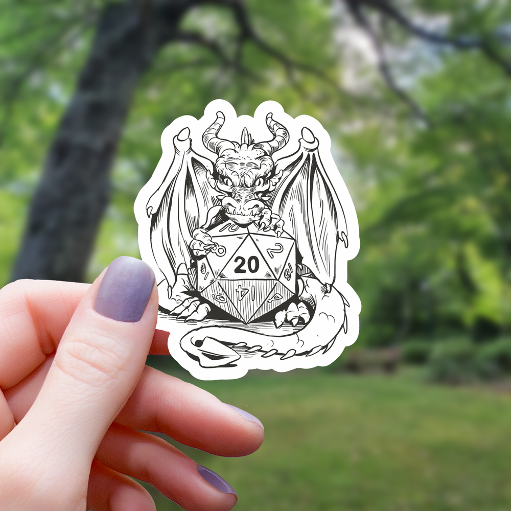 Vinyl Sticker - Dragon Holding D20 Polyhedral Dice