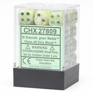 D6 Dice Block: Marble Green with Dark Green - 12mm (36)