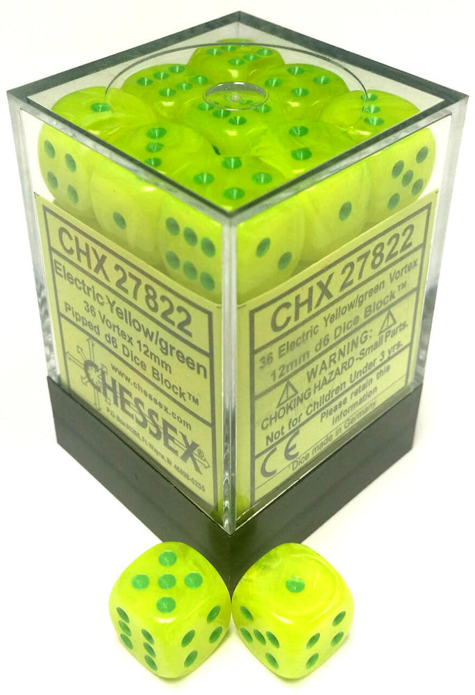 D6 Dice Block: Vortex Electric Yellow with Green - 12mm (36)