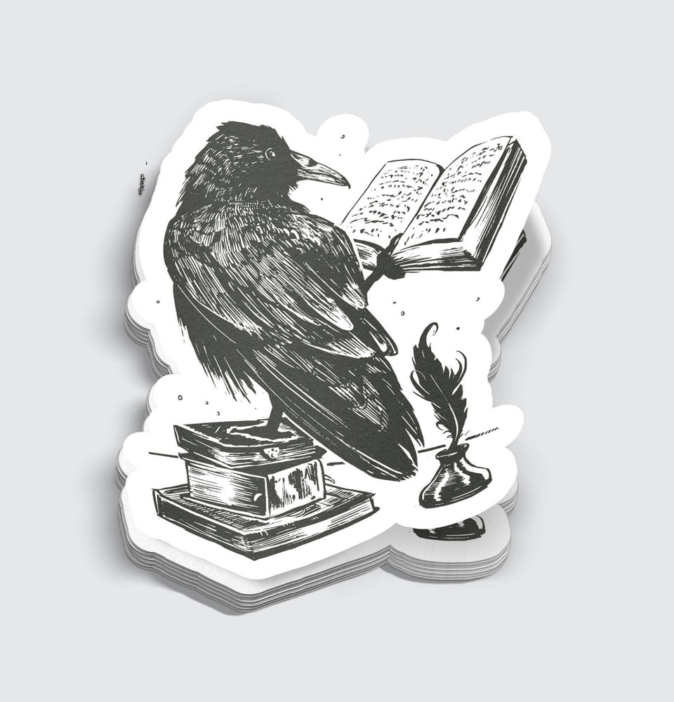Vinyl Sticker - Black Ink Raven Reading a Book