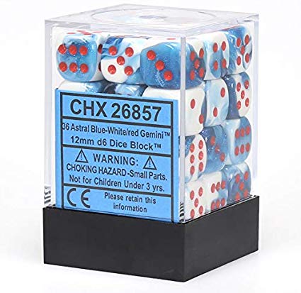 D6 Dice Block: Gemini Astral Blue White with Red - 12mm (36)