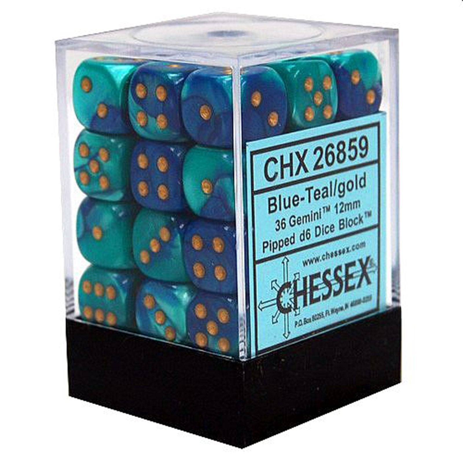 D6 Dice Block: Gemini Blue Teal with Gold - 12mm (36)