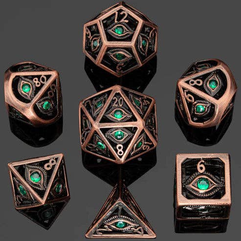 Metal RPG Dice Set - Dragon's Eye Hollow (Emerald Green Gems)